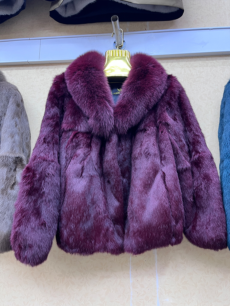 Genuine Whole Skin Real Coat With Natural Fox Collar Jacket Full Pelt Rabbit Fur Overcoat