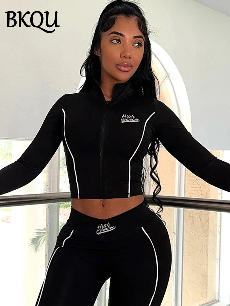 BKQU Patchwork Casual 2 Piece Set Women Tracksuit Long Sleeve Zip Crop Tops High Waist Leggings Matching Skinny Pants Suit 2024 241122