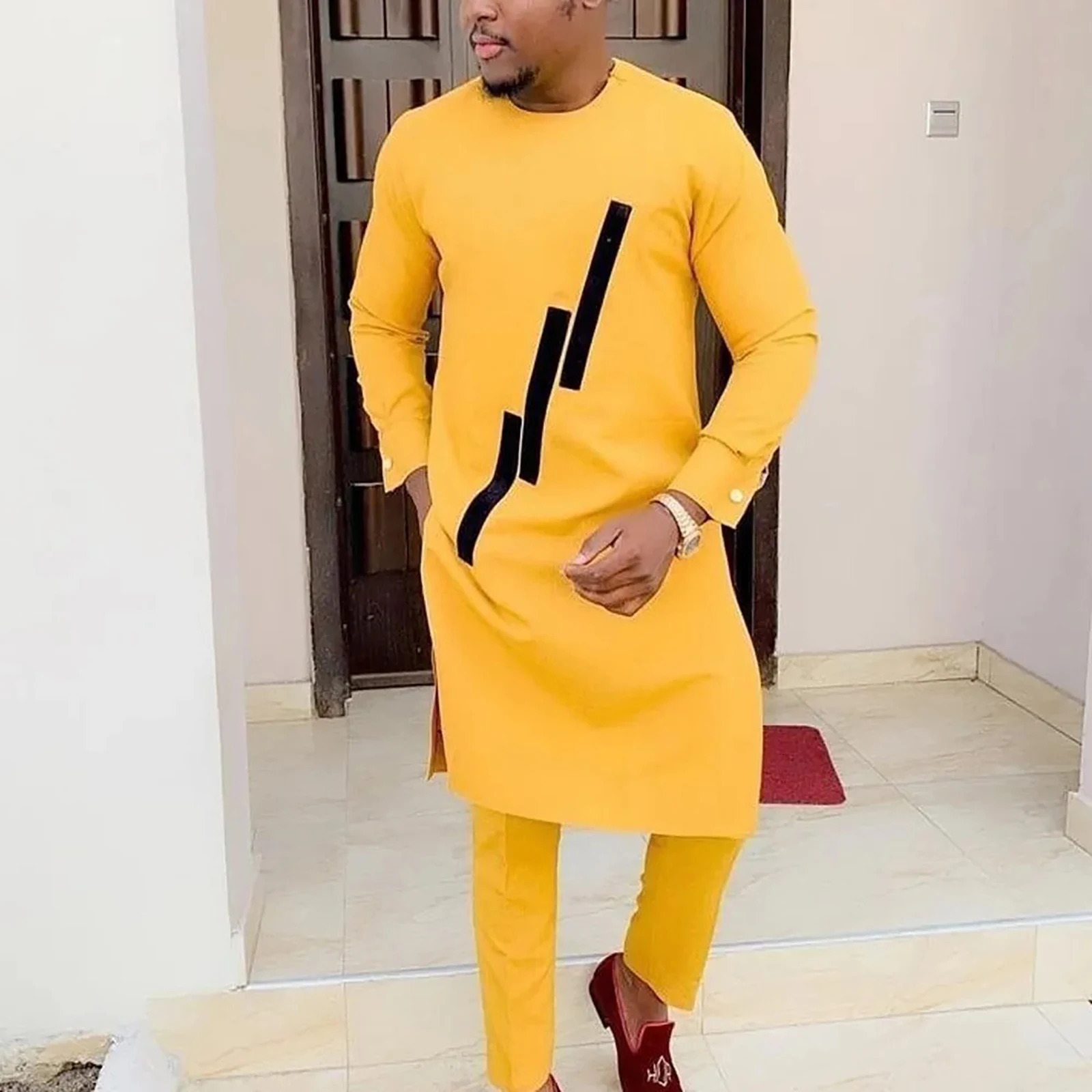 Dashiki African Men Clothes Sets Youth Casual Social Long Sleeve Ethnic Two Piece Shirt Trousers Men Suit European Male Clothing 240412