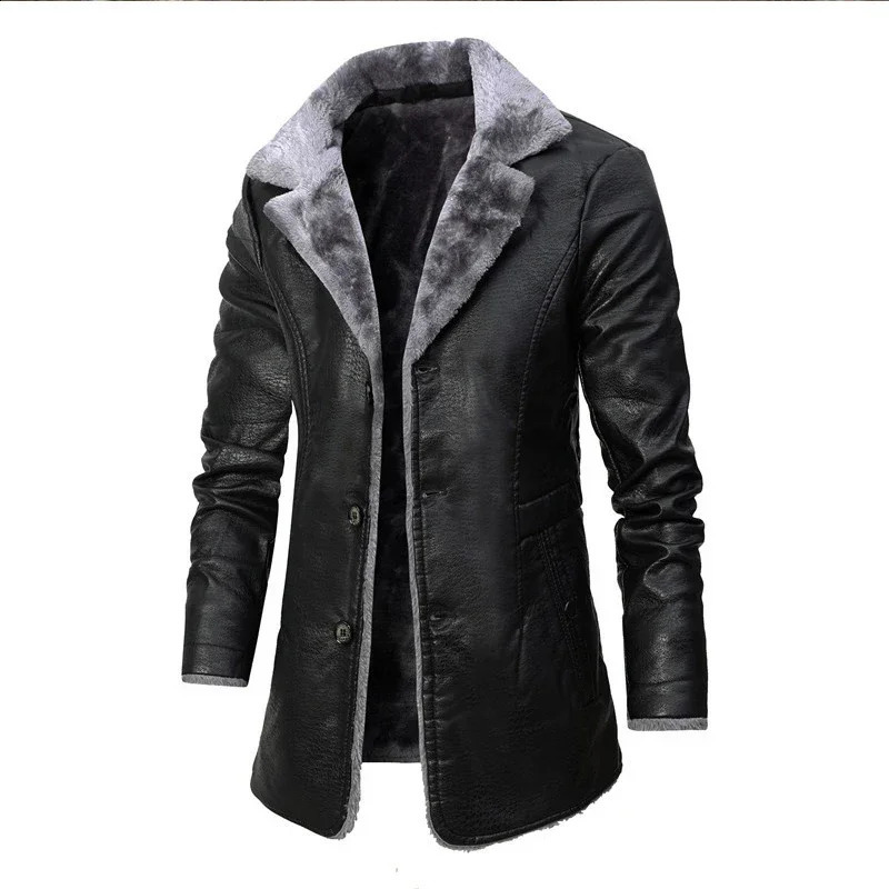 Men Winter Long Thick Fleece PU Leather Jacket Fashion Suit Collar Mens Windbreaker Coats 241122