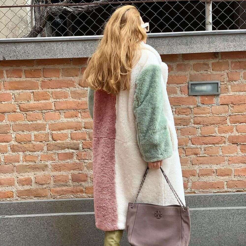 European style fashionable color blocked woven otter rabbit coat, autumn and winter thick long imitation fur coat for women