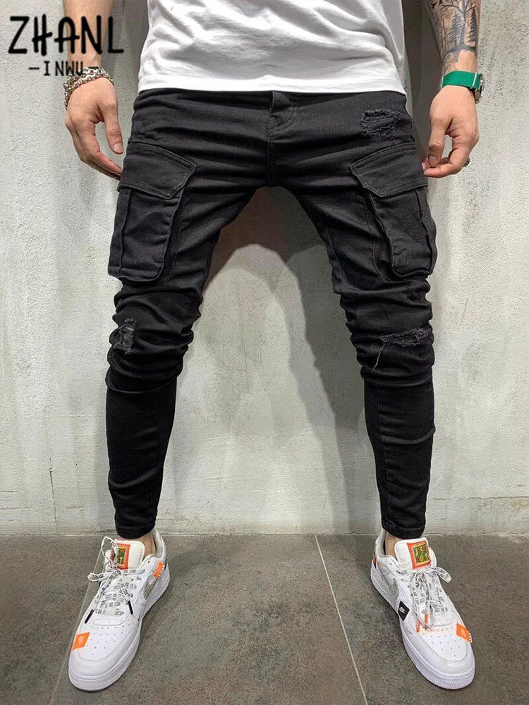 Men Stretchy Multi-pocket Skinny Ripped Jeans Mens Slim Fit Jogger Pencil Pants Fashion jeans Sweatpants Hip hop Trousers 240420
