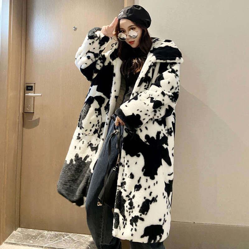 Couple internet celebrity 2023 winter new full print panda imitation rabbit mink fur cotton coat thick warm jacket for men and women