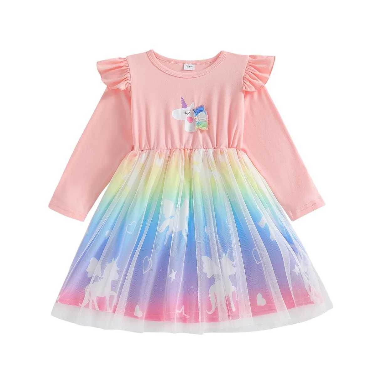 2025 New Princess Dress Girls Dress Autumn Spring Kids Clothes Birthday Par Dress Long-sleeved for Children Rainbow Z250214
