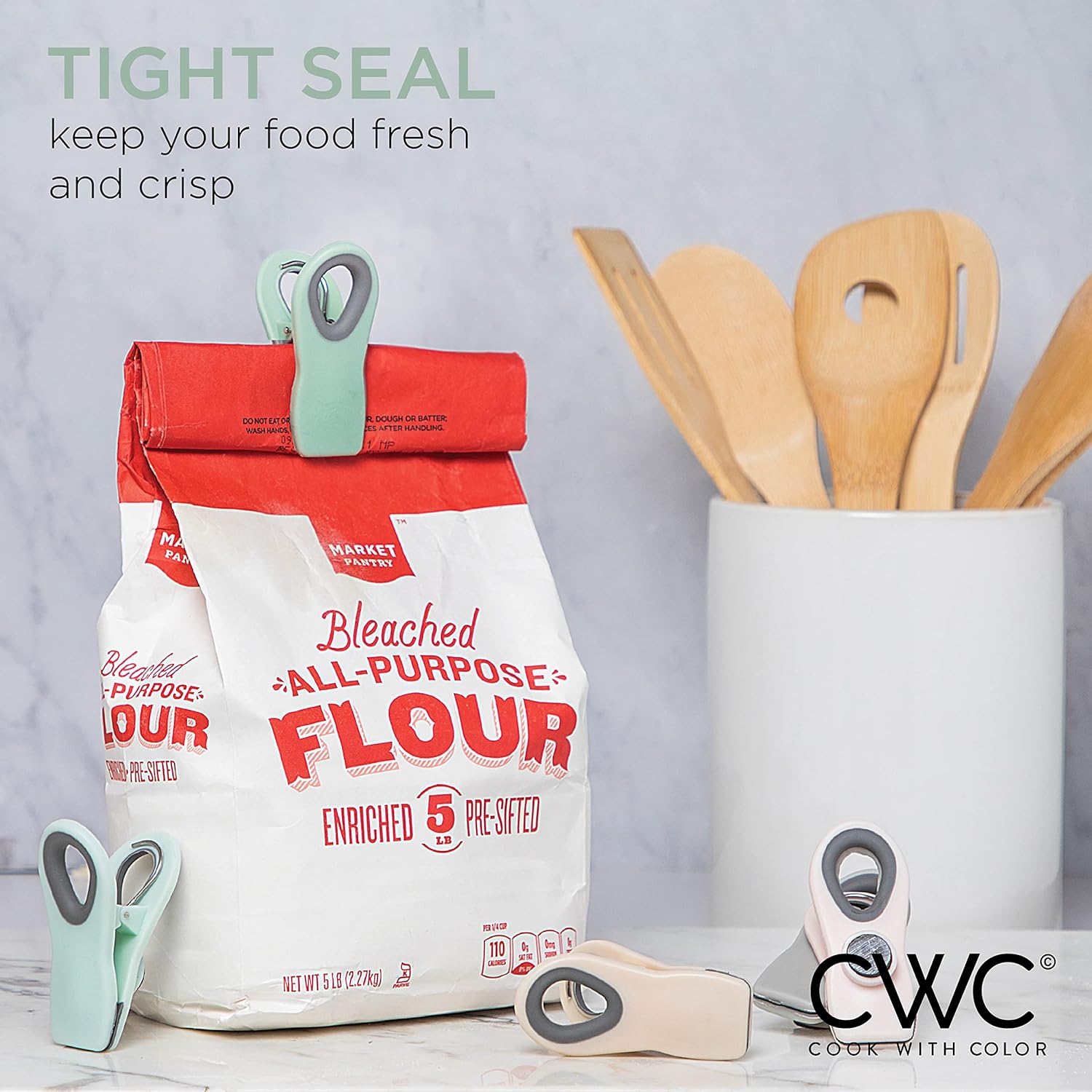 COOK WITH COLOR 5 Pc Chip Bag Clips- Kitchen Clips, Magnetic Chip Clips for Bags, Food Bag Clips with Airtight Seal (Mint and Grey)