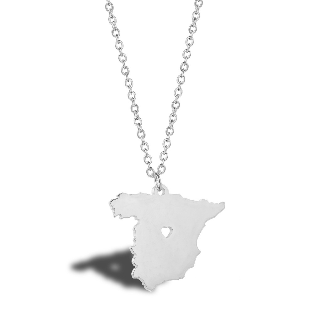 European Country Map of Spain Necklace Stainless Steel Espanha Spanish Pride I Heart Love Capital of Spain Madrid City Necklaces for Souvenir Gift