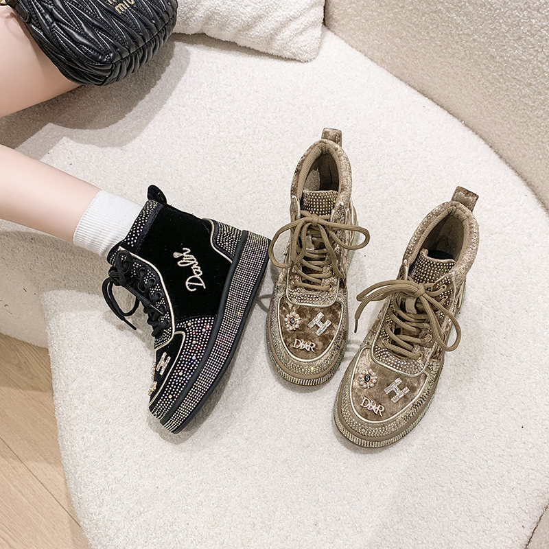 Luxury Diamond Shoes Designer Flat Shoes Fashion Women's Casual Shoes Shining Casual Thick soled sneakers High quality suede women's boots Z