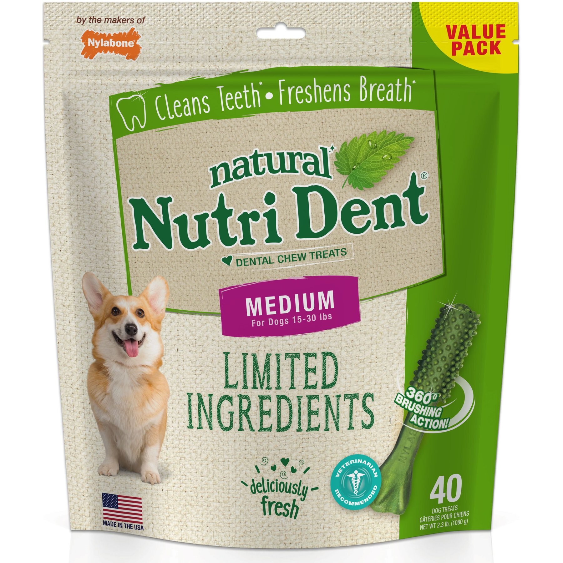 Nylabone Nutri Dent Natural Dental Fresh Breath Flavored Chew Treat, Medium