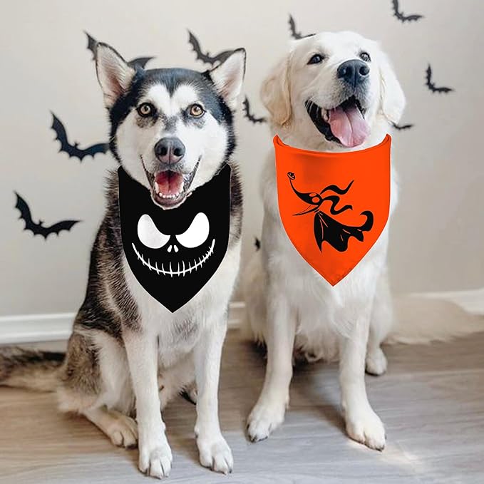 Halloween Bandanas 2 Pack, Nightmare Before Christmas Zero Dog Triangle Reversible Fall Pet Scarf, Adjustable Fit ( Face, Size