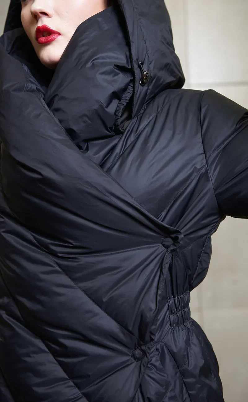 2024 European American Fashion Irregular Design Down Jacket Womens Winter Warm High Neck Hooded Duck Down Jacket W241122