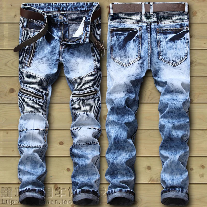 Drop Fashion Biker Jeans Mens Distressed Stretch Ripped Hip Hop Slim Fit Holes Punk Denim Cotton Pants 240415