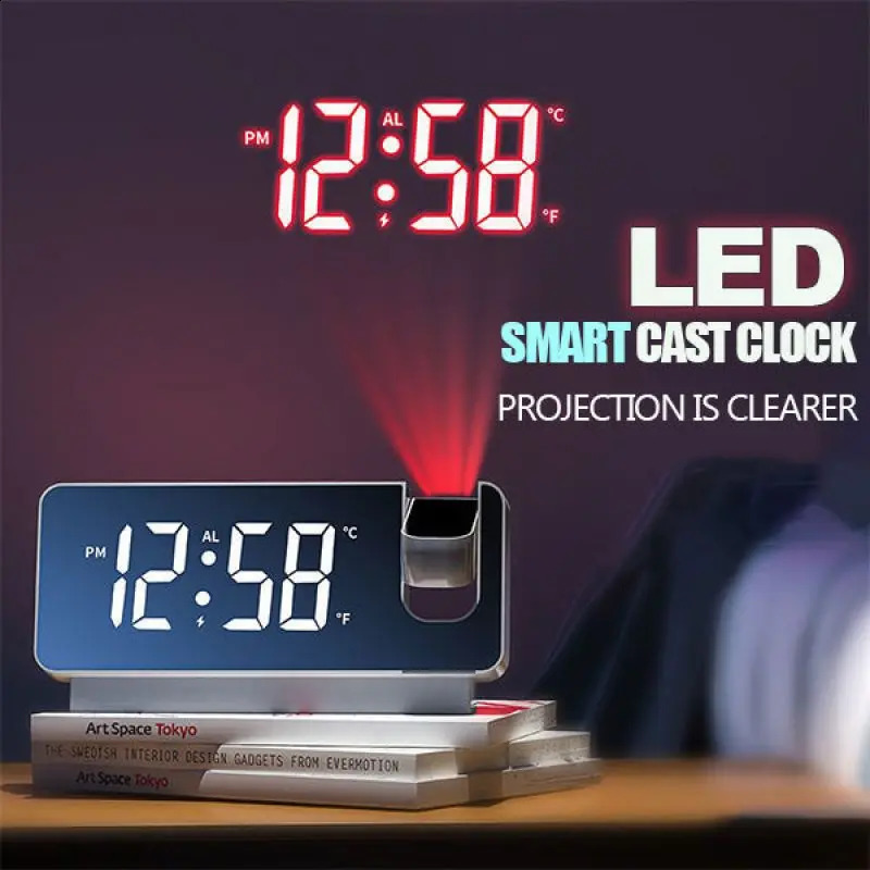 180° Arm Projection Digital Alarm Clock Temperature Humidity Night Mode Snooze Table 1224H USB Projector LED 241121