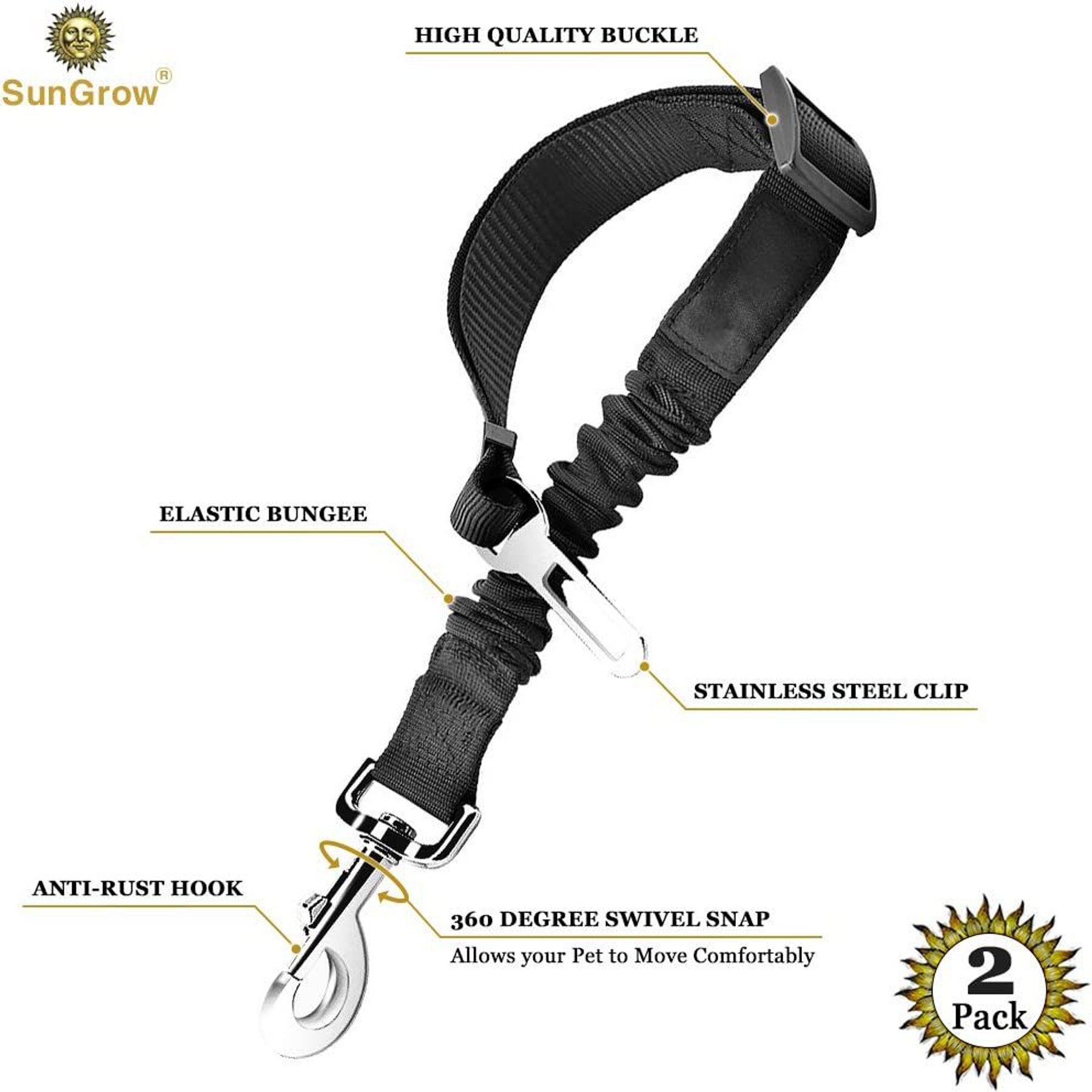 SunGrow Cat & Dog Car Leash Elastic Seat Belt & Restraint for Safety Pet Travel, 2 count