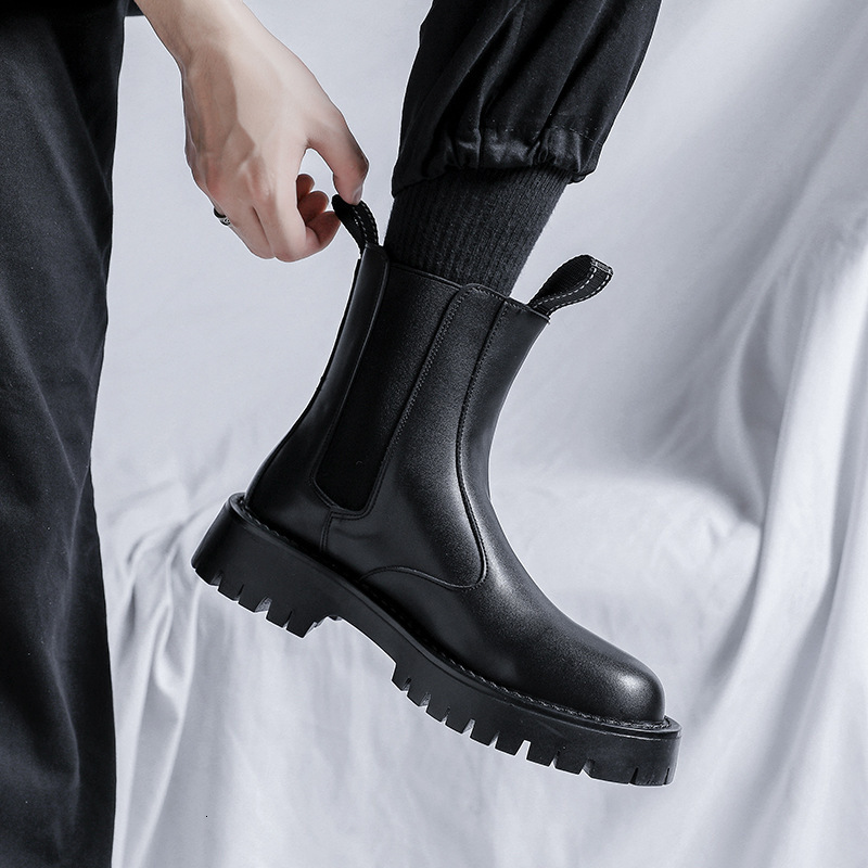 High top Martin boots, British leather shoes, motorcycle chimney, mid top thick soled boots, winter velvet Chelsea boots for men
