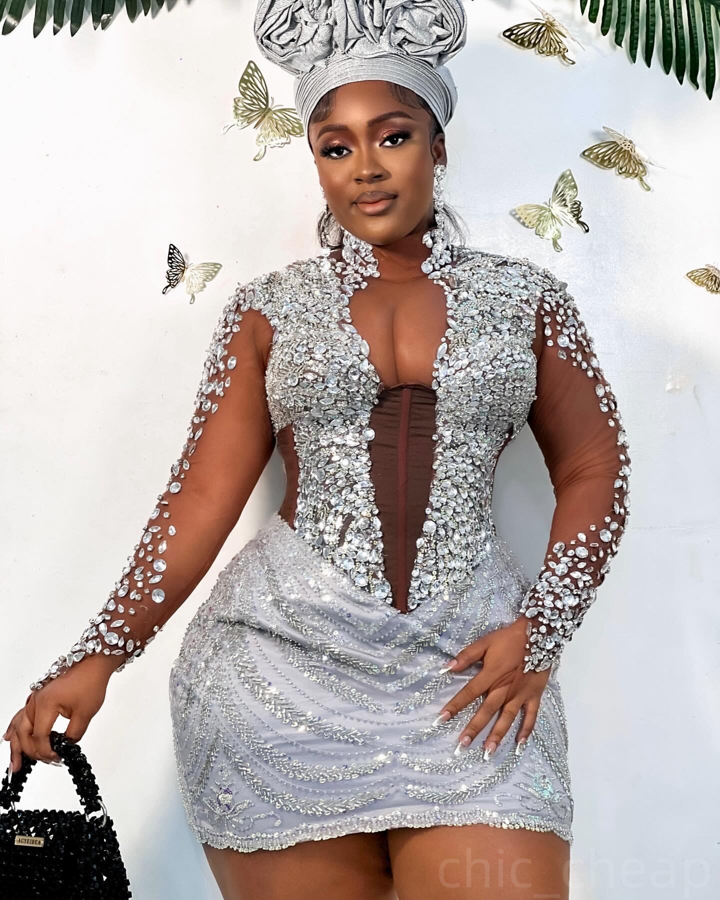 2025 Silver Luxurious Sheath Graduation Dresses Short Mini Rhinestones Full Sleeves Cocktail Party Homecoming Birthday Gowns Dress For Special Occasio