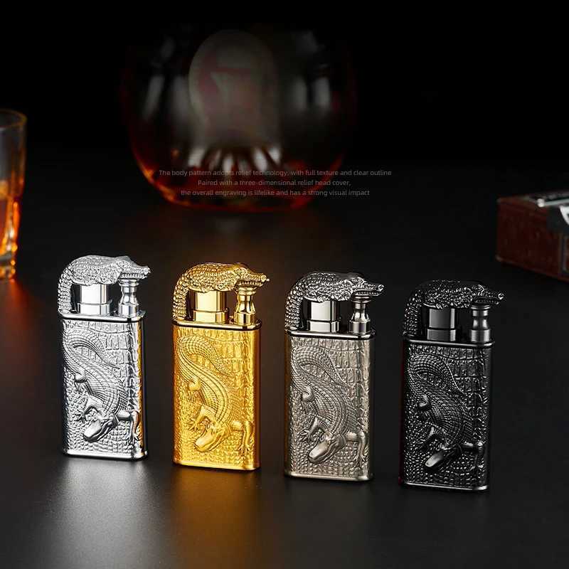 Lighters Creative Embossed Shenlong Double Fire Gas Metal Flame Spray Tool Cigarette Lighter Trendy and Fashionable Men T240422 W260202