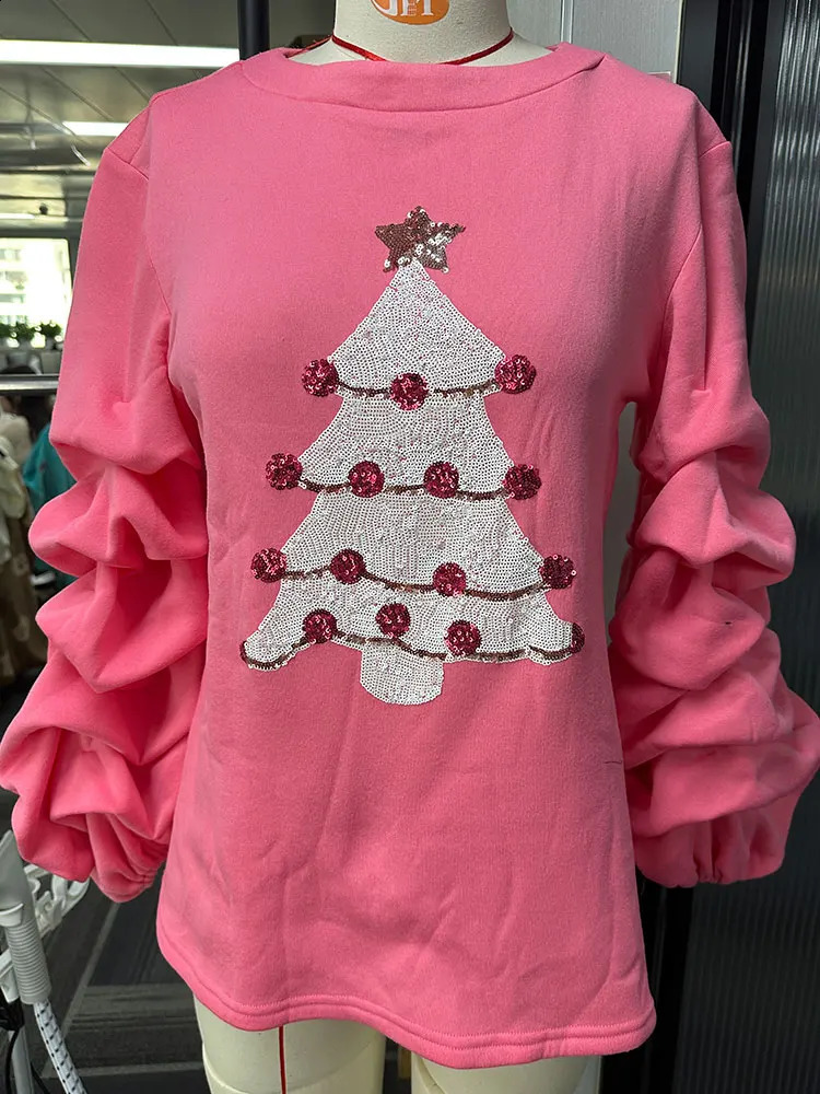 Sweet Christmas Tree Sequined Pleated Top Womens Sweatshirt 241121