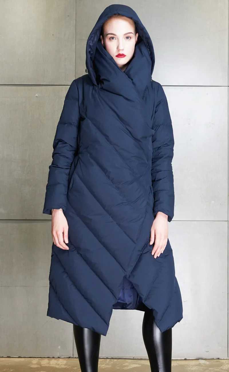 2024 European American Fashion Irregular Design Down Jacket Womens Winter Warm High Neck Hooded Duck Down Jacket W241122