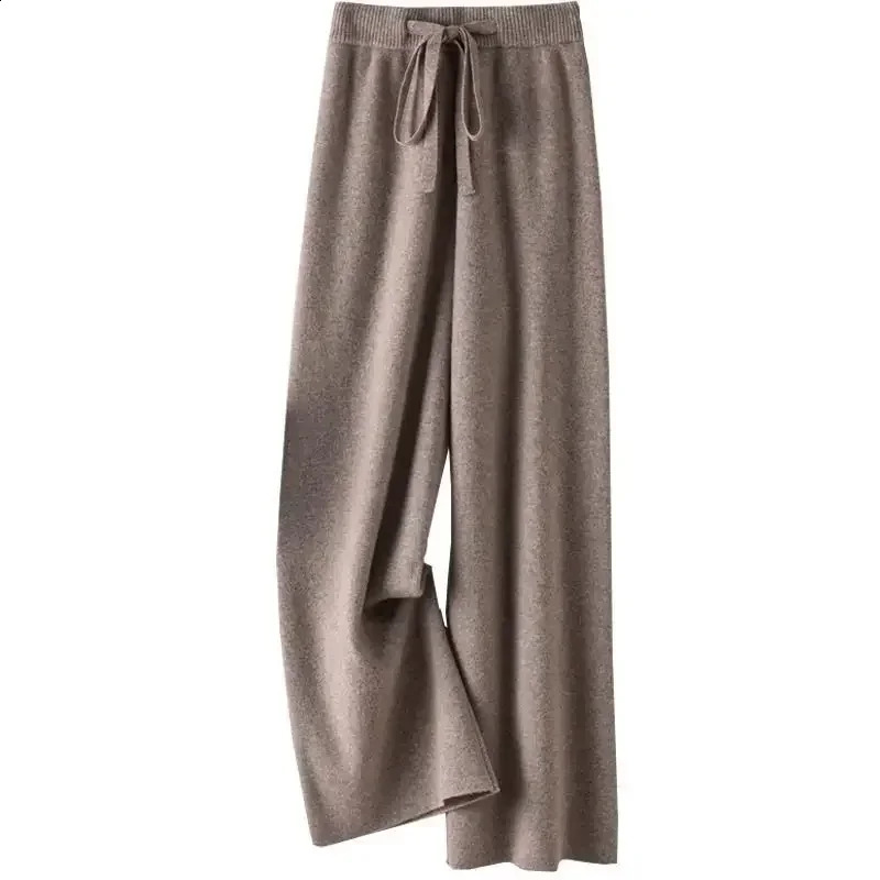 Korean Womens Wool Wide Leg Pants Elastic Waist Cashmere Autumn Winter Knitted Casual Warm Soft Straight Trousers 241121