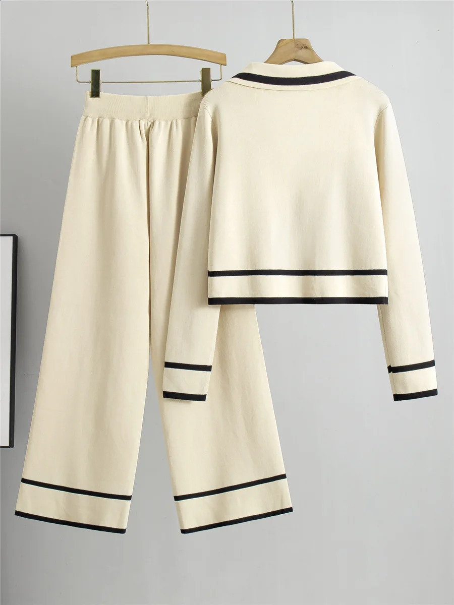 Women Knit 2 Pieces Sets Chic Double Breasted Short Knitwear Tops Cardigan Conjuntos Korean High Waist Ankle Length Pants Suits 241121