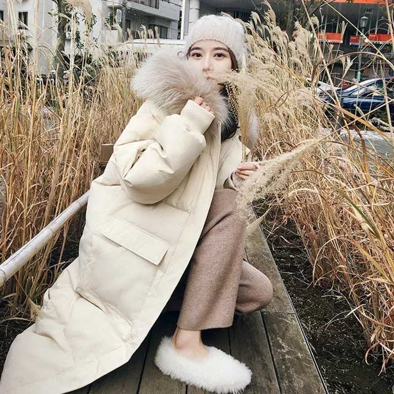 Winter down cotton jacket womens winter hooded faux fur collar coat warm park chiffon coat extra long winter jacket C363 W241122