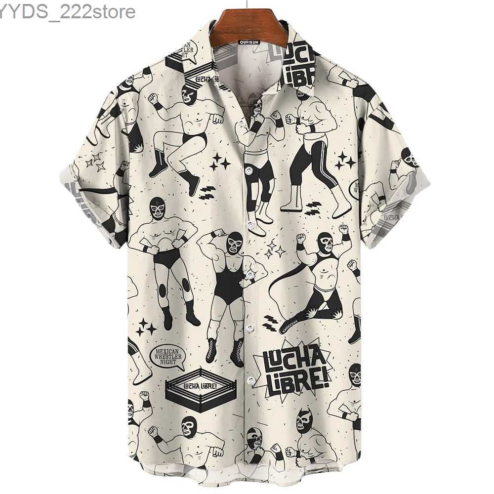 Men's Shirts Vintage mens 3D Mexican wrestling print high-quality mens clothing loose oversized short sleeves yq240422