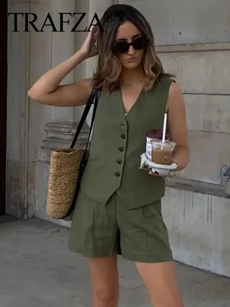 TRAFZA Woman Solid Waistcoat Shorts Set Sleeveless V Neck Buttons Vest Top Zipper Pockets Commute Elegant Female Short Pant 240419