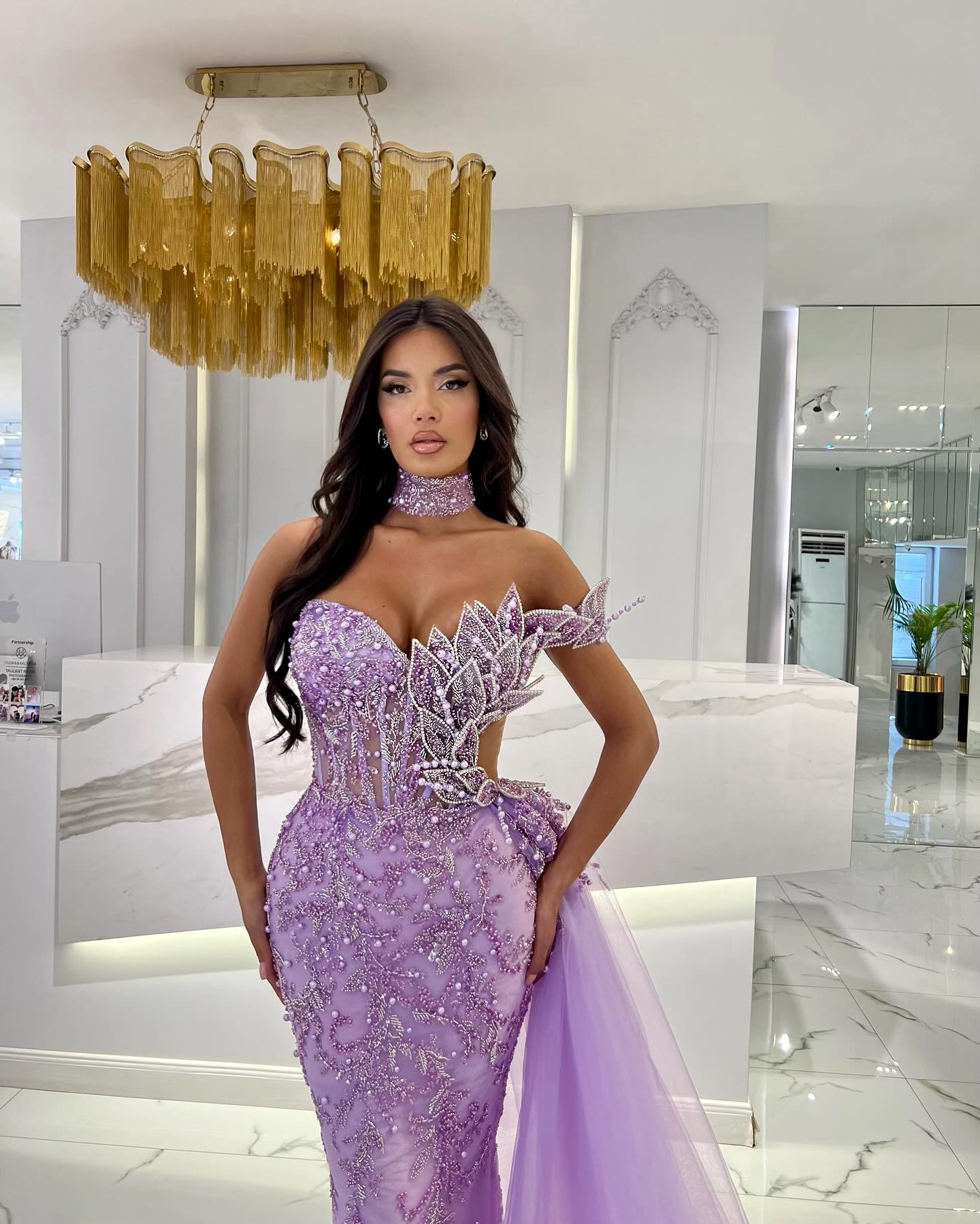 Stunning Purple Mermaid Evening Elegant Leaf Beading Shoulder Prom Dress Beads Side Train Custom Made Formal Dresses For Women 0618