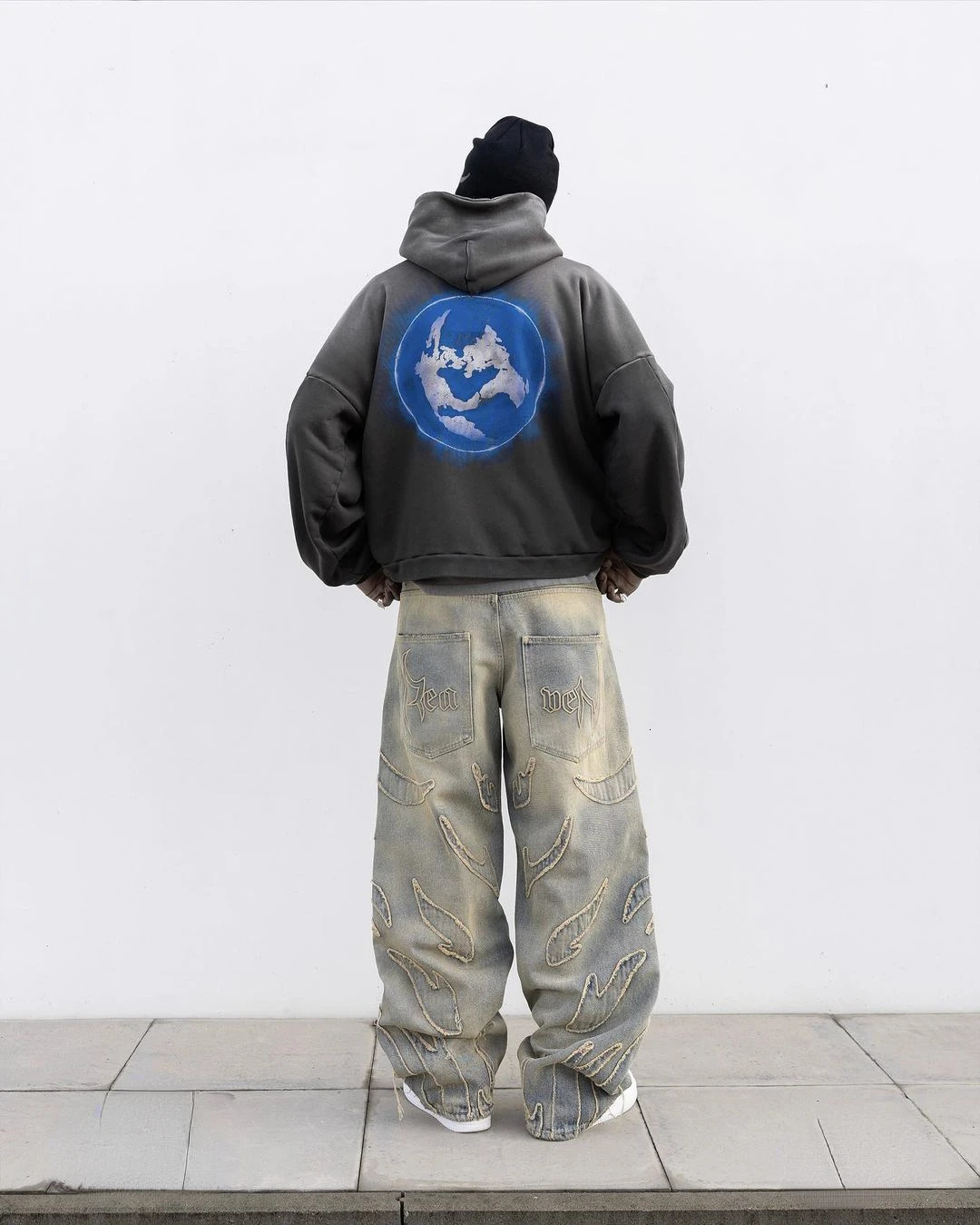 Street Retro Raw Edge Embroidery Baggy Jeans for Men Fashion Hip Hop Pattern Women Patchwork High Waisted Denim Pants Y2k 240415