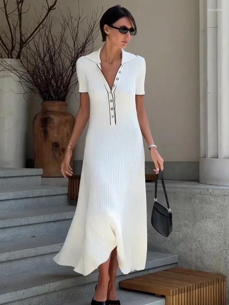 Casual Dresses White Knit Maxi Dress For Women Short Sleeve Patchwork Elegant Party Lapel High Waist Knitwear Women's