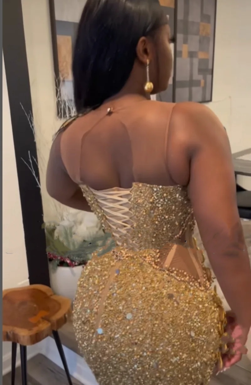 Elegant Gold Sequins Mermaid Prom Party Dresses 2024 Sheer Neck Lace Appliques Plus Size Formal Evenign Ocn Gowns