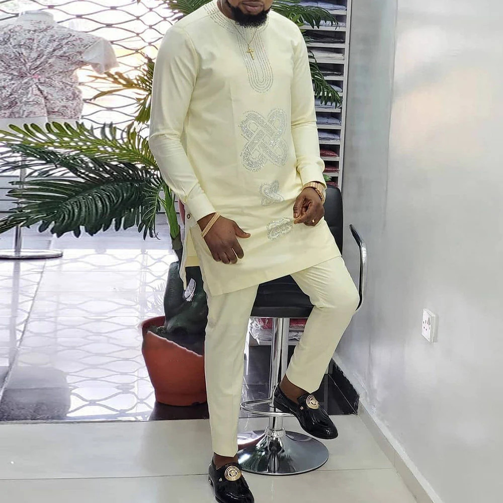Dashiki African Men Clothes Sets Youth Casual Social Long Sleeve Ethnic Two Piece Shirt Trousers Men Suit European Male Clothing 240412