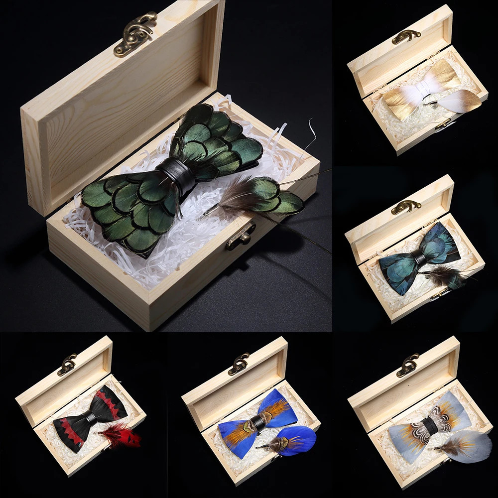 KAMBERFT Handmade Feather Bowtie Brooch Wooden Box Set High Quality Mens Bowtie Leather Tie for Wedding Parties and Banquets 241122