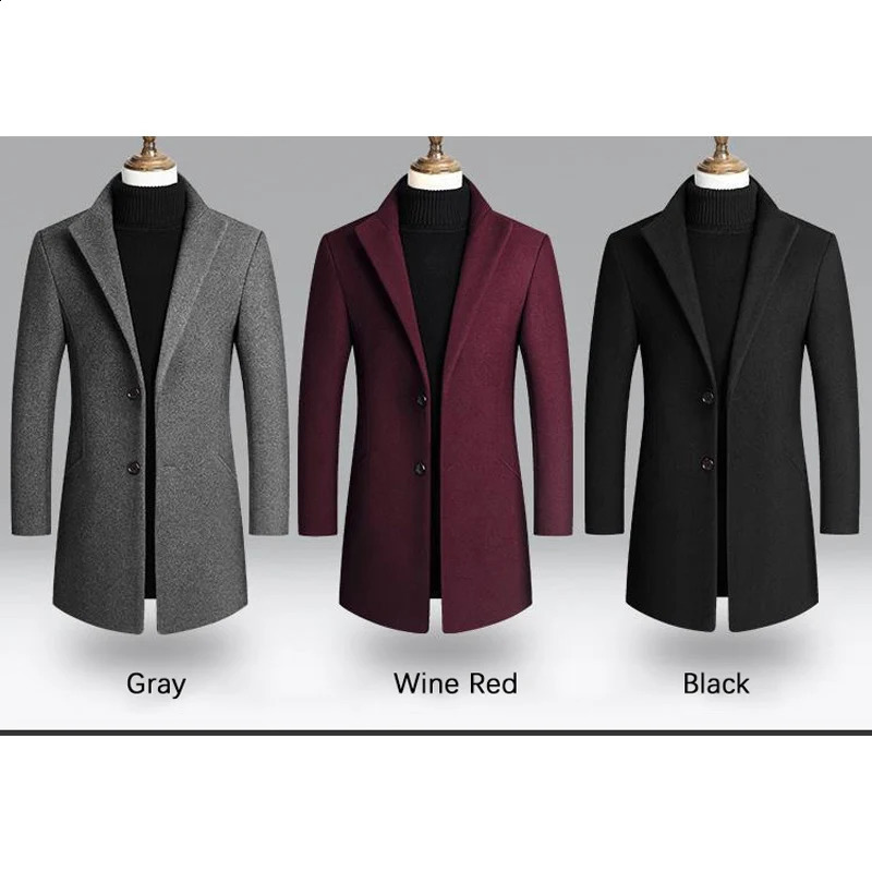 Brovon Korean Coat Mens Autumn/Winter Wool Mens Jacket Casual Slimming Windproof Long Color Solid Color Mens Jacket 241118