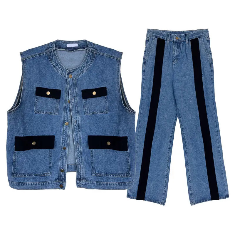 EOENKKY/ Mens Sets Cargo Denim 2 Piece Outfits Male Patchwear Jeans Pants Vests Sleeveless Casual Korean Streetwear Hip Hop 240415