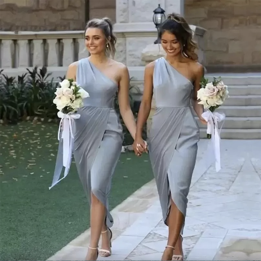 Dusty Blue Bridesmaid Dresses One Shoulder High Low Sheath African Plus Size Maid Of Honor Gown Country Beach Wedding Party Wear Vest