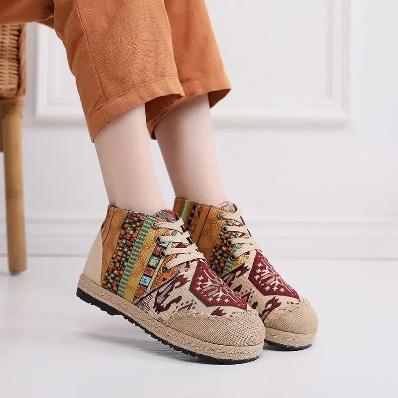 Women Casual Shoes Grass Woven Flat Espadrilles Comfortable Bohemian Chinese Style Laceup Fashion Nonleather 241122