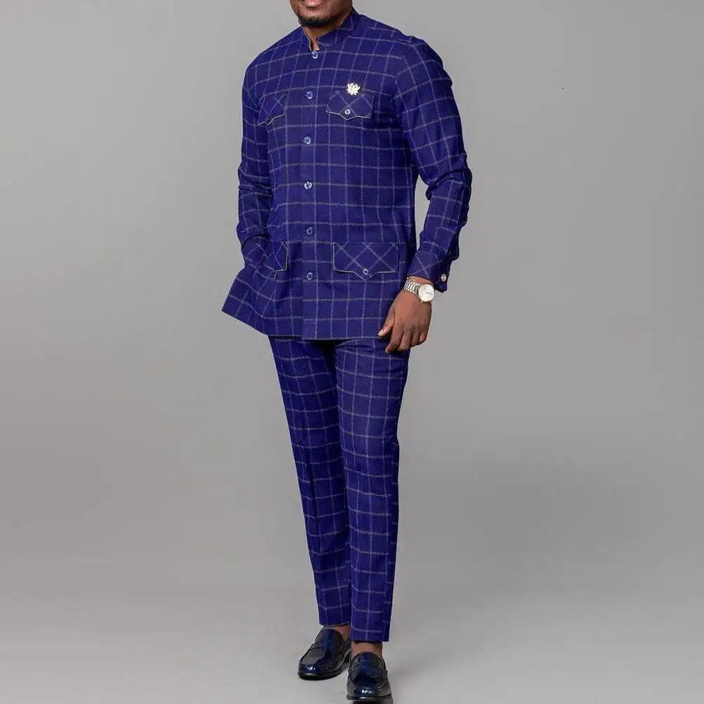 Men Suits For Wedding Stand Collar Plaid Long Sleeve Shirt Pants African Ethnic Business 2Piece Sets Man Clothing Outfits Wear 240409
