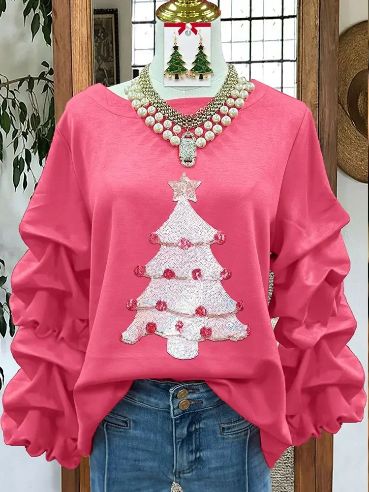 Sweet Christmas Tree Sequined Pleated Top Womens Sweatshirt 241121