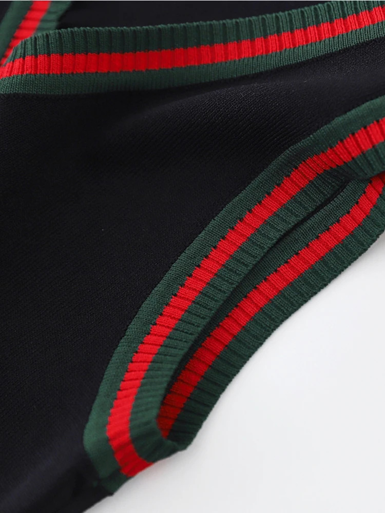 V Neck Black Stripe Knitted Tank Dresses Casual Slim Simple Fashion Korean Women Sleeveless Dress Sexy Vestidos Clothes 240419