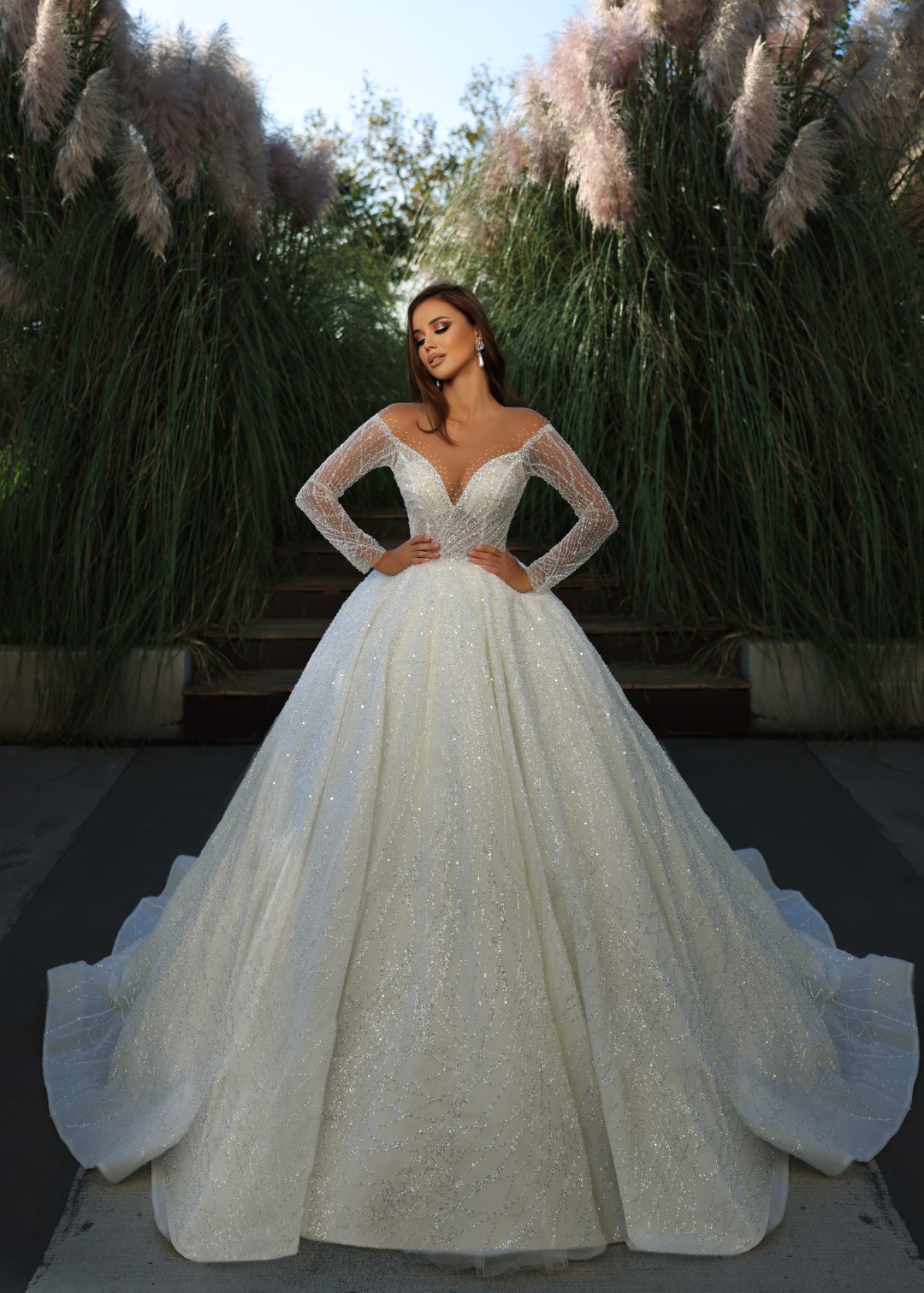Sheer V-Neck Ball Gown Wedding Dress Full Sleeves Sparkly Beading Appliques Lace princess Bridal Gowns