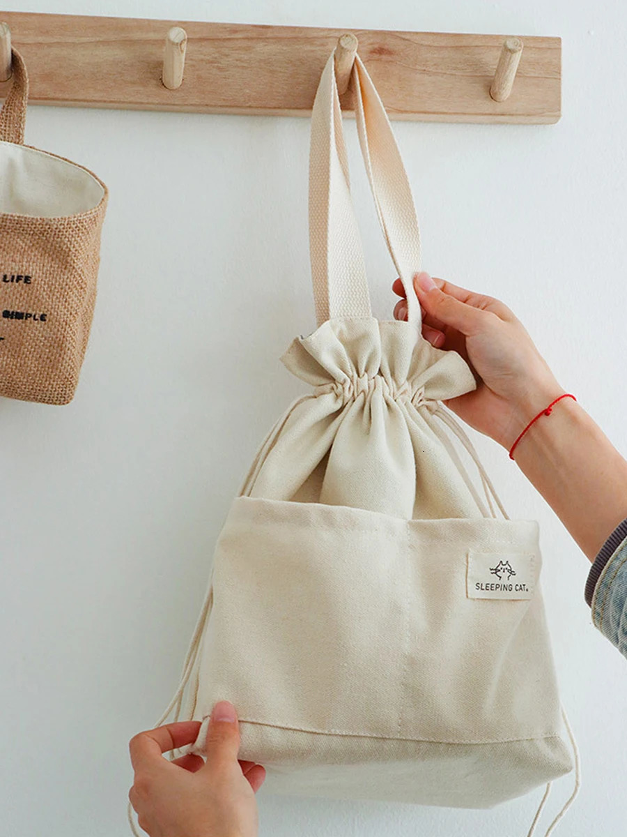 Drawstring Canvas Insulated Lunch Bag Thicken Aluminium Foil Thermal Bento Box Tote Cooler Handbags for Office Outdoor Picnic 241122