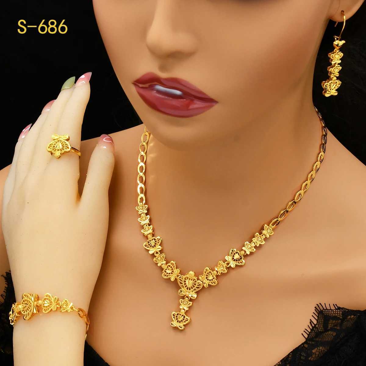 ANIID India 24k Gold Flower Her Necklace Earrings Bracelet Ring Set Elegant Bridal Wedding Jewelry Set Dubai La W241121