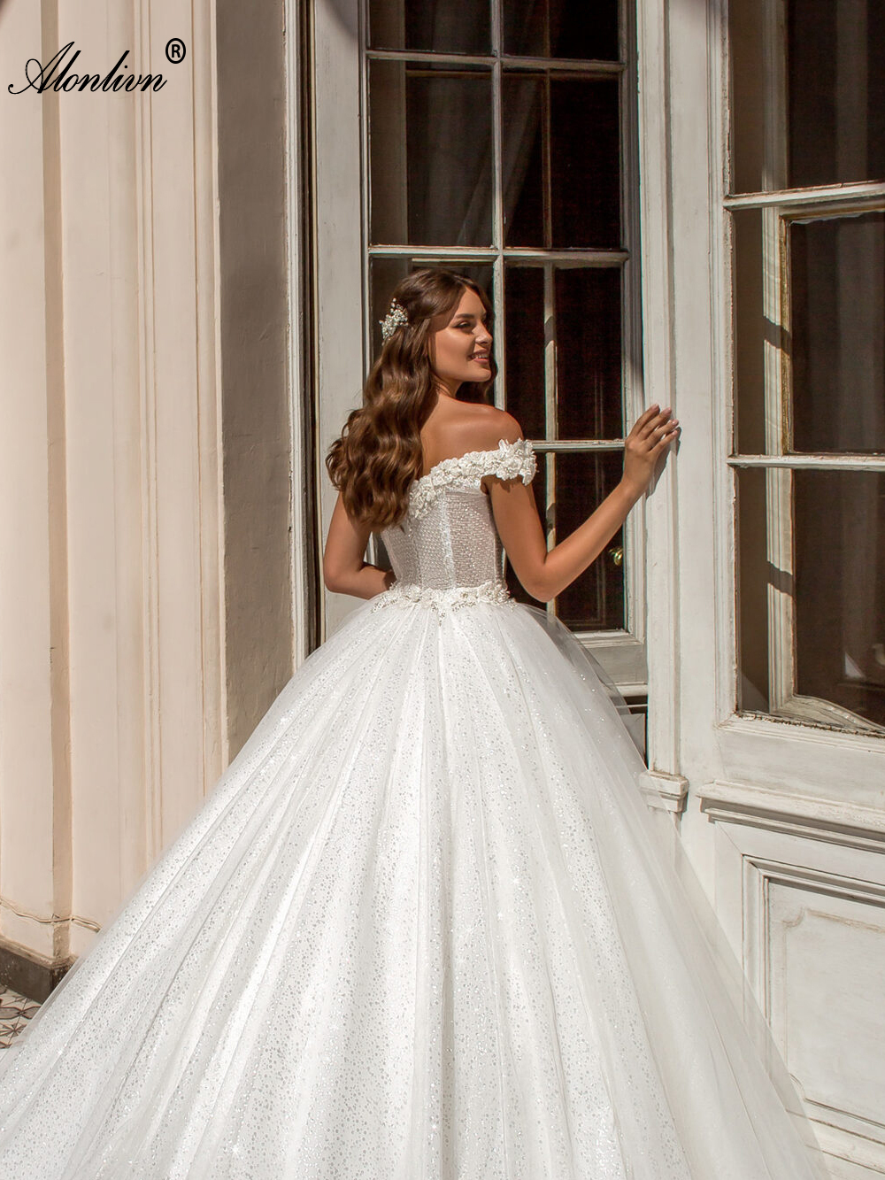 Sparkly Bling Lace Ball Gown Wedding Dress Off Shoulder short Sleeves princess Bridal Gowns 2024 With Beading Pearls Flowers