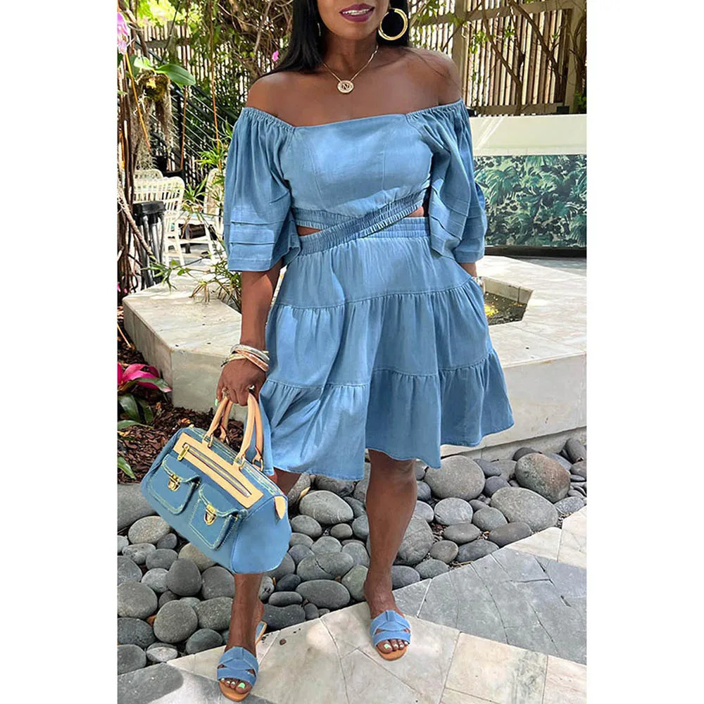 Plus Size Blue Daily Denim Off Shoulder Hollowed Out With Pocket Midi Dresses 240419