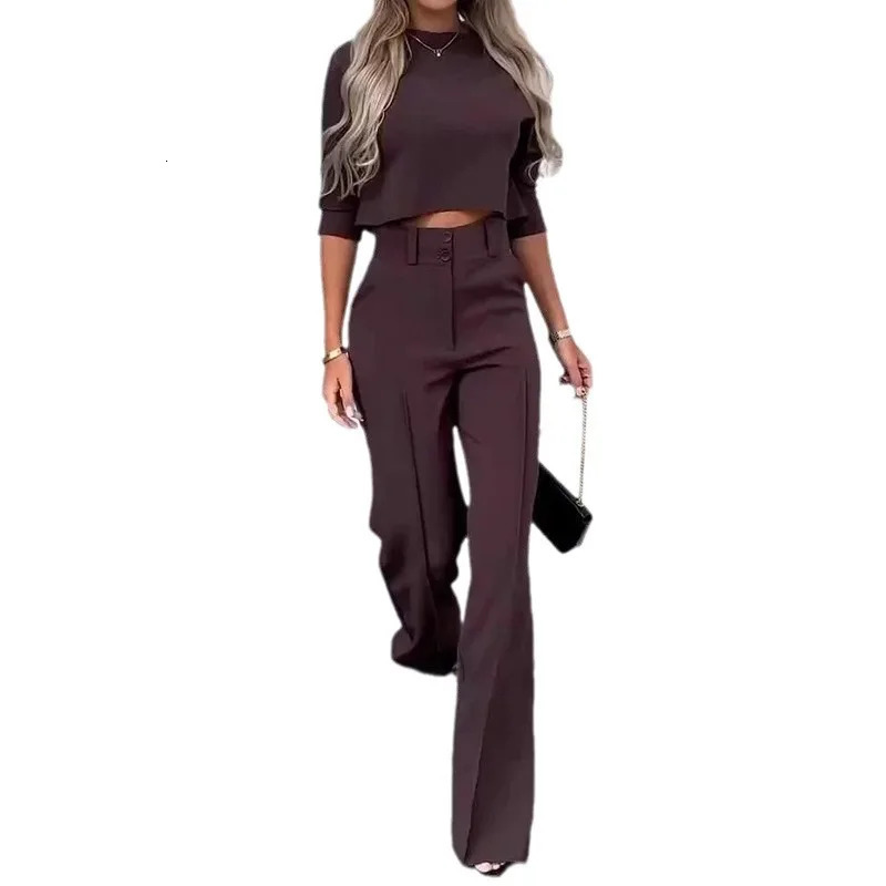 Women Business Blazer Pant Sets 2 Pieces Sale Casual ONeck Short Sleeve Cropped Tops High Waist Pocket Flare Trousers Suits 241122