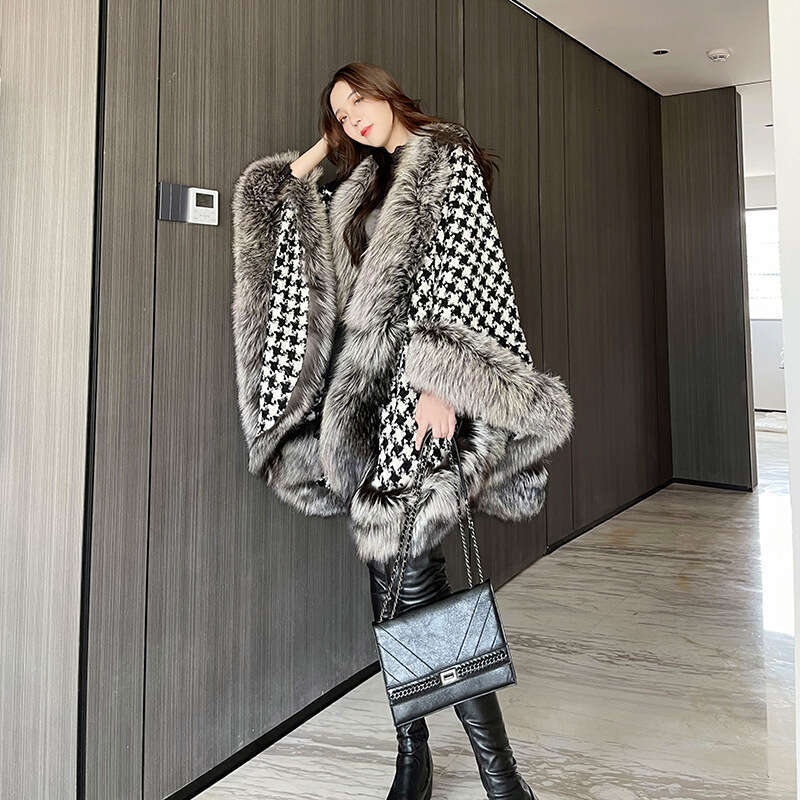2021 Winter Imitation Fox Fur Grass Women's Versatile Thousand Bird Checkered Scarf Woolen Neck Medium Long Cloak