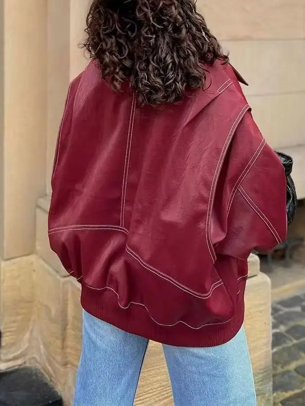 Vintage Contrast Stitch Lapel Long Sleeve Jacket Loose Solid Zipper Pu Leather 2024 Female Autumn High Streetwear 241122