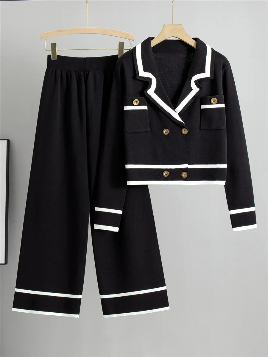 Women Knit 2 Pieces Sets Chic Double Breasted Short Knitwear Tops Cardigan Conjuntos Korean High Waist Ankle Length Pants Suits 241121