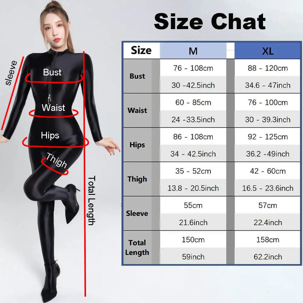 Womens Black Shiny Satin Bodysuit Long Sleeve Glossy Leotards Lingerie Footed Jumpsuit 2Way Zipper Open Crotch Catsuit Tights 241121